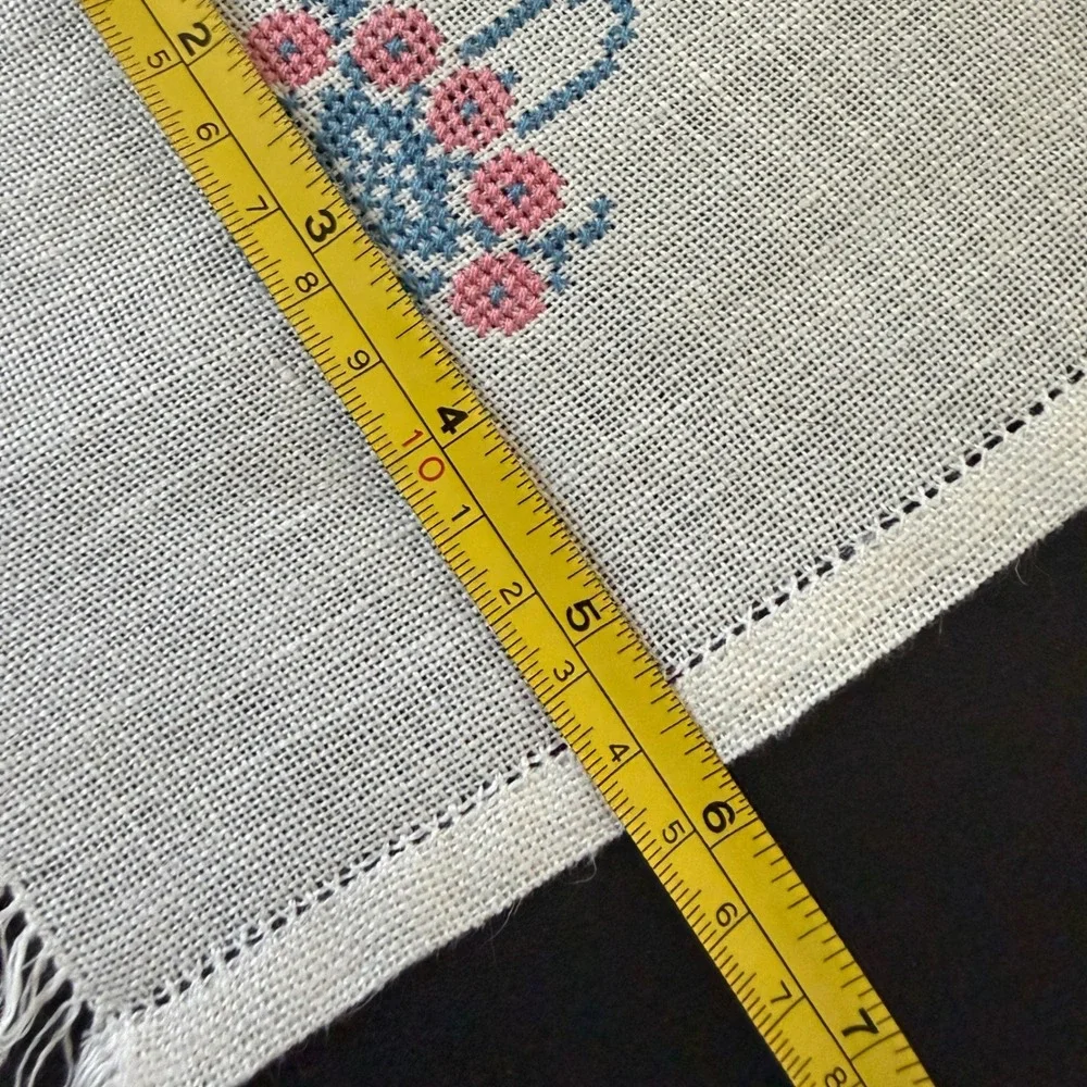 Vintage Cross Stitch Linen Table Runner Blue Pink Floral Bird Fringed Trim